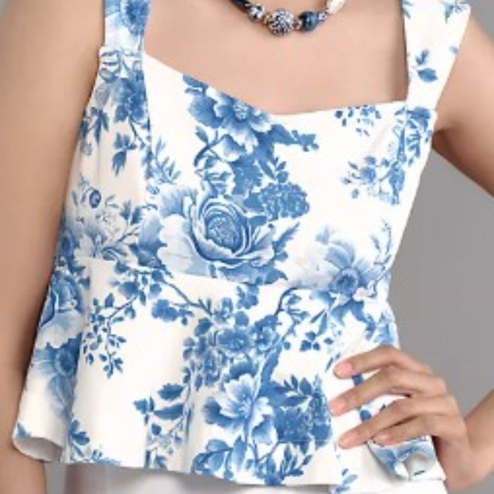 🏷️ NWT - ANTHROPOLOGIE Maeve Blue Floral Square-Neck Peplum Tank Top in Sz LARGE - Picture 3 of 7
